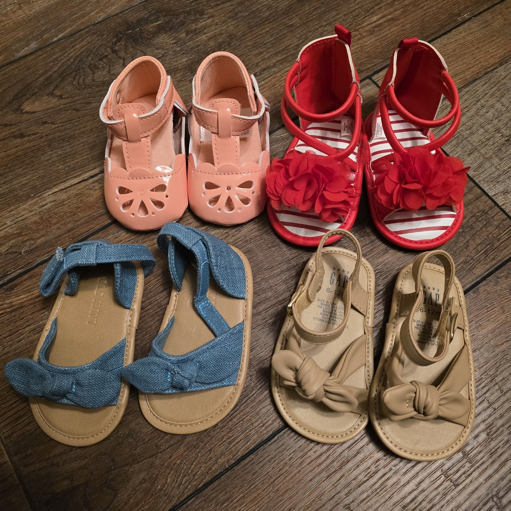 Stylish Baby 6-12m Sandals 4 Pair - Red, Pink, Blue/Jean, Tan